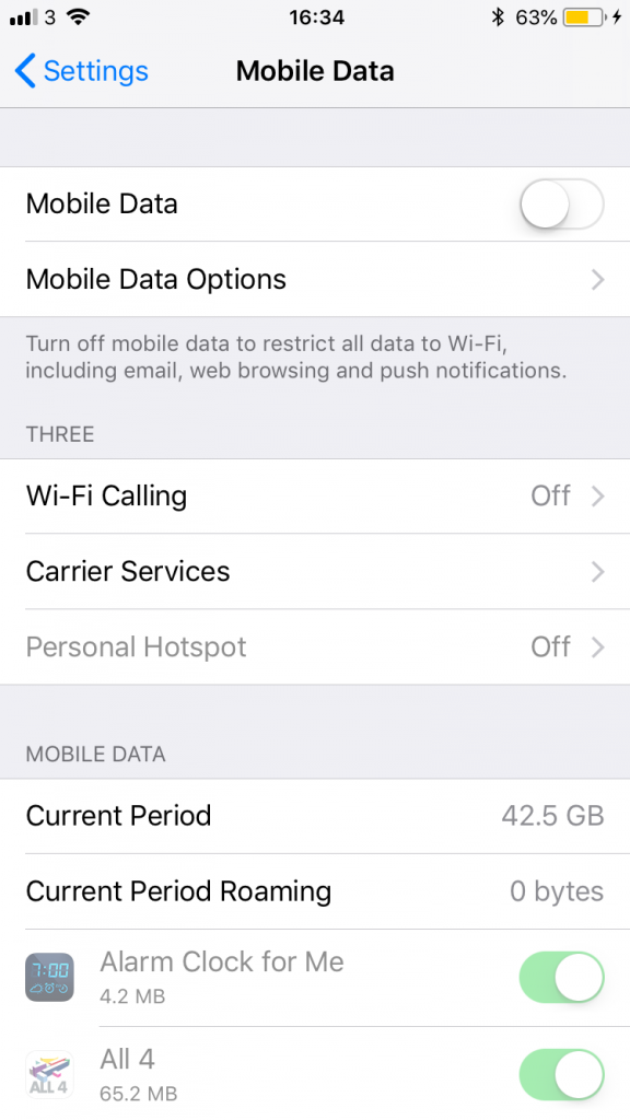 Cellular/Mobile Data in iPhone Settings app