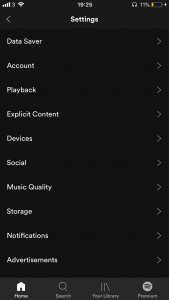 Screenshot of settings in Spotify