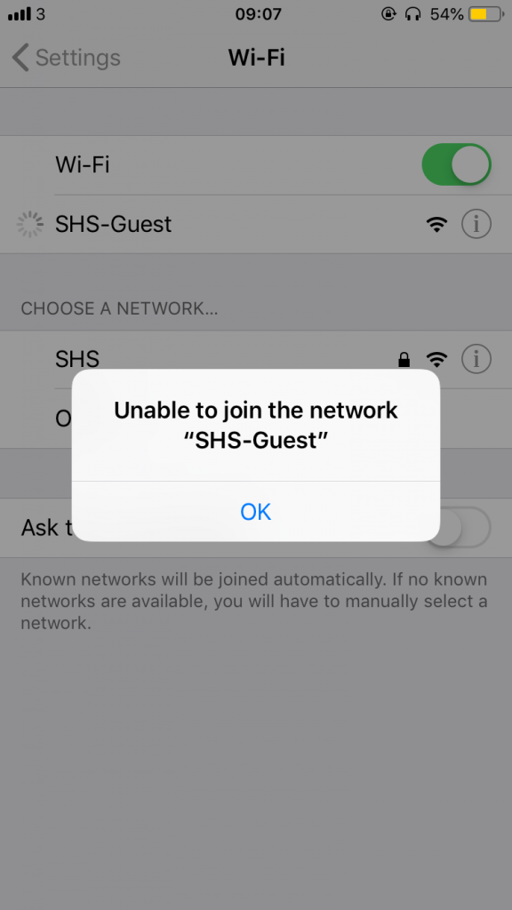 unable to join the network on iphone and ipad