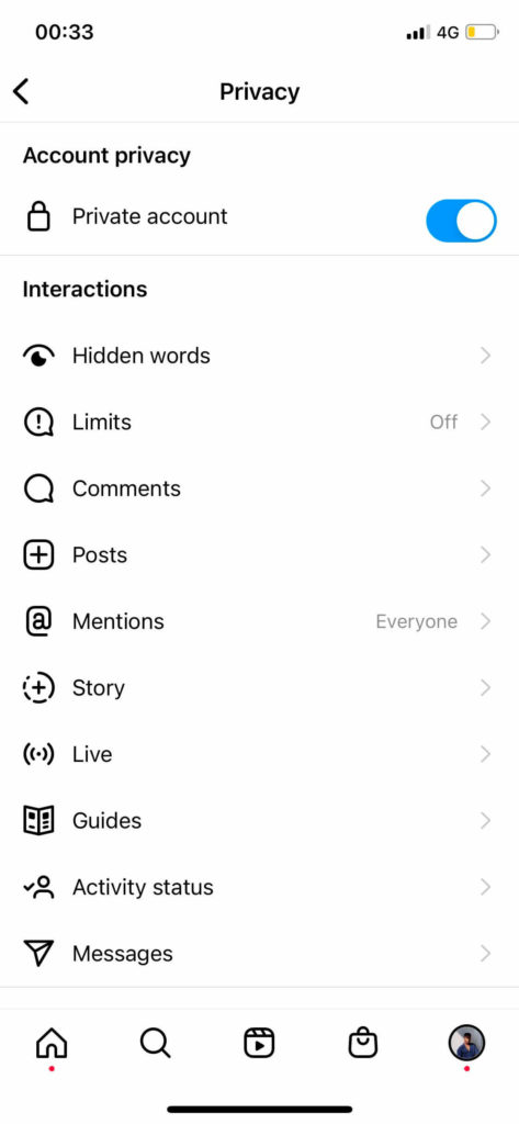 private account settings on instagram