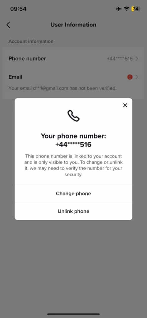unlink phone number tiktok